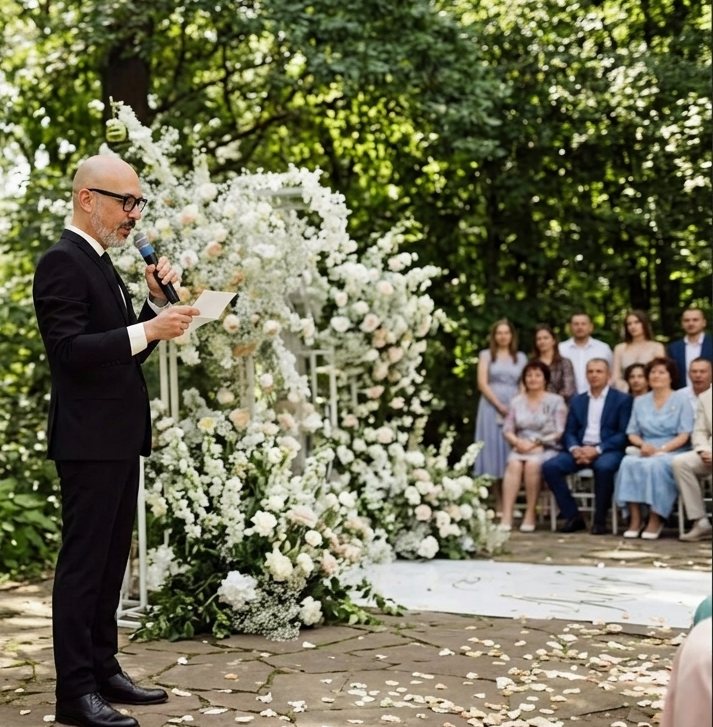 Maestro de ceremonias oficiando una boda en el jardín