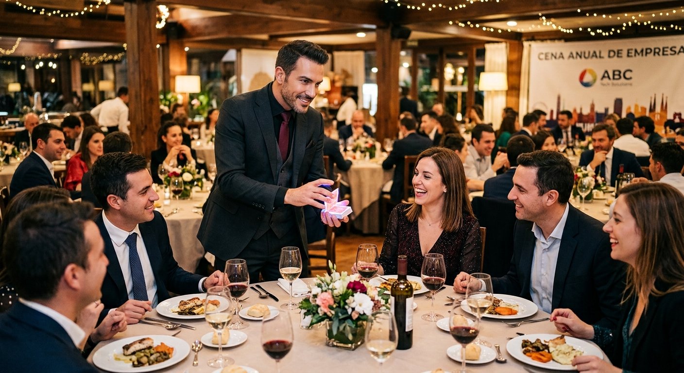 Mago haciendo magia de cerca en la mesa durante una cena de empresa